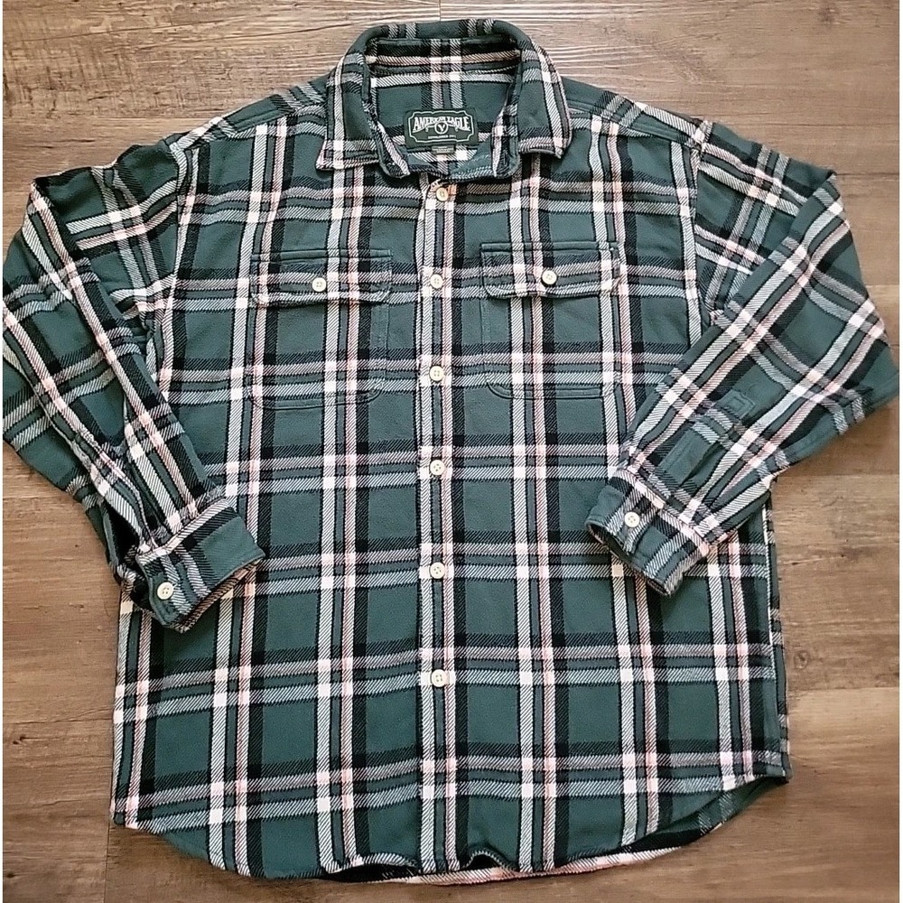 American Eagle Flannel Shirt Mens Medium Button Up Green Plaid Y2K